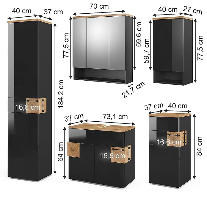 Vicco Badmöbel-Set Eden Anthrazit 5 Teile - Gesamtbreite Badmöbel: 153,1 cm, Anthrazit, Matt - Schwarze Badmöbelgarnitur mit Holzplatten und Akzenten, inklusive Schränken, Spiegelschrank und Waschtischunterschrank, mit Maßen.