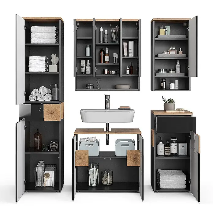 Vicco Badmöbel-Set Eden Anthrazit 5 Teile - Gesamtbreite Badmöbel: 153,1 cm, Anthrazit, Matt - Dunkelgraues Badmöbel-Set mit Holzdetails und weißem Waschbecken, bietet vielfältige Ablagemöglichkeiten für Badartikel.