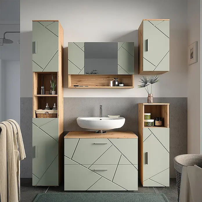 Vicco Badmöbel-Set Irma Salbeigrün 5 Teile - Salbeigrün, Glänzend - Modernes mintgrünes Badmöbelset mit geometrischen Linien und Holzdetails, bestehend aus Waschtischunterschrank, Hochschrank, Hänge- und Spiegelschrank.