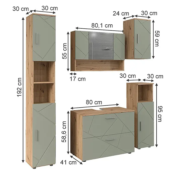 Vicco Badmöbel-Set Irma Salbeigrün 5 Teile - Salbeigrün, Glänzend - Modulares Badmöbel-Set aus Holzoptik und Salbeigrün, mit Hochschrank, Wandschränken und Waschtischunterschrank.