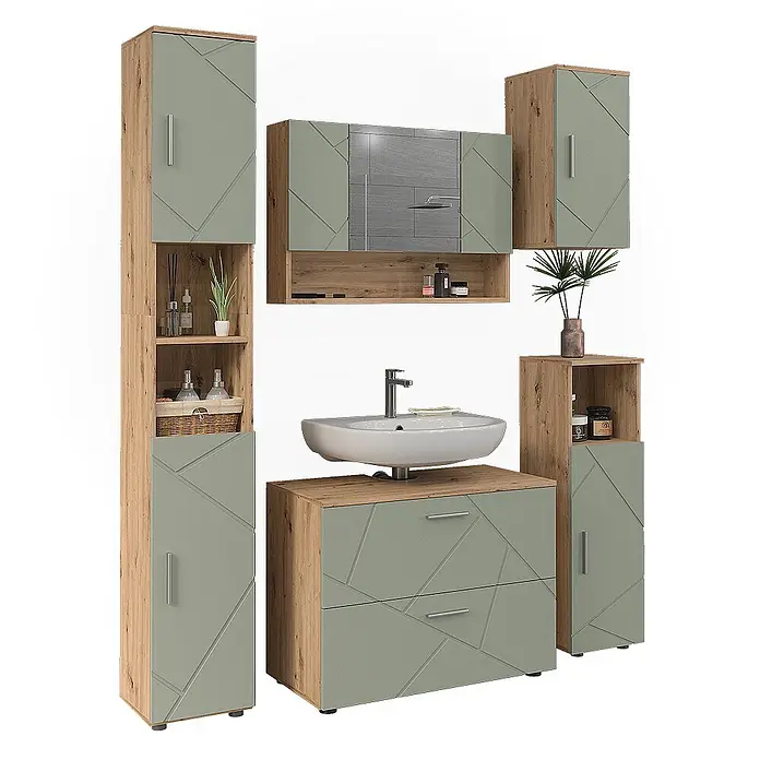 Vicco Badmöbel-Set Irma Salbeigrün 5 Teile - Salbeigrün, Glänzend - Badezimmermöbel-Set aus Holz-Optik und salbeigrünen Paneelen mit geometrischem Design, inkl. Waschtisch, Spiegelschrank und Stauraumschränken.