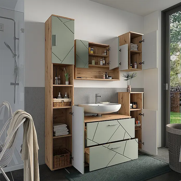 Vicco Badmöbel-Set Irma Salbeigrün 5 Teile - Salbeigrün, Glänzend - Modernes Badezimmermöbel-Set in heller Holzoptik und Salbeigrün, mit Waschtisch, Hochschrank und Spiegelschrank für Stauraum.