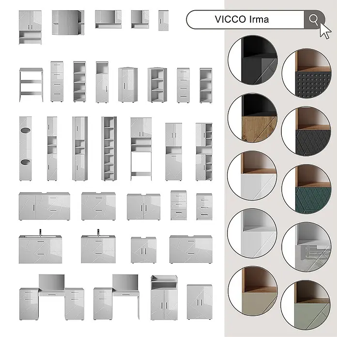 Vicco Badmöbel-Set Irma Salbeigrün 4 Teile - Salbeigrün, Glänzend - VICCO Irma modulare Möbelkollektion in Hochglanzweiß mit geometrischen Mustern, darunter Schränke, Regale und Waschtischunterschränke.