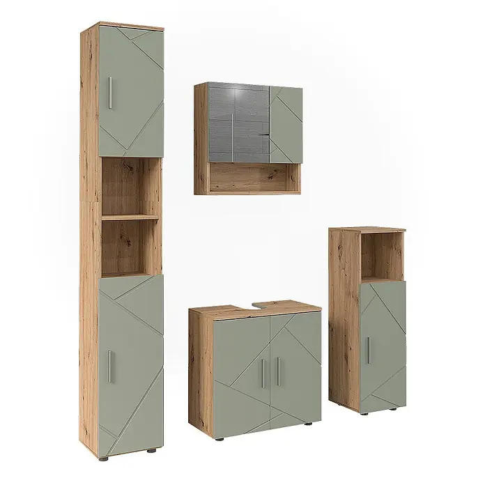 Vicco Badmöbel-Set Irma Salbeigrün 4 Teile - Salbeigrün, Glänzend - Badezimmermöbel-Set in Salbeigrün und heller Holzoptik mit geometrischen Mustern, inklusive Hoch-, Wand-, Waschbecken- und Hochschränken.