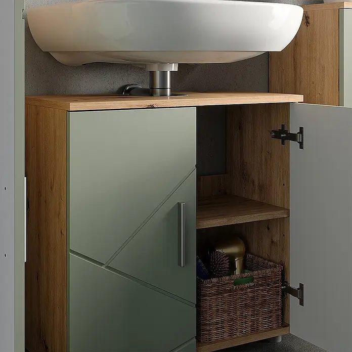 Vicco Badmöbel-Set Irma Salbeigrün 4 Teile - Salbeigrün, Glänzend - Badezimmerschrank mit weißem Waschbecken, Holzplatte, salbeigrüner Schranktür und offenem Holzschrank mit Regal und Korb.
