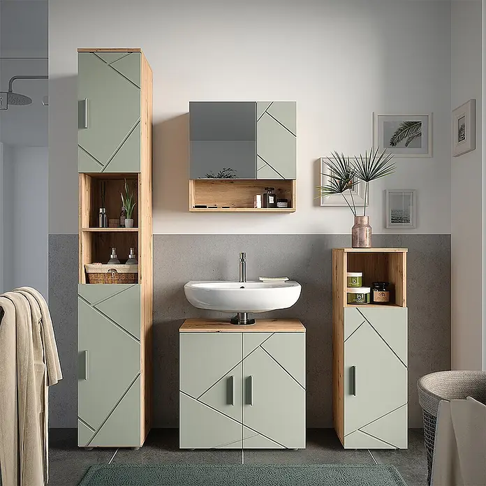 Vicco Badmöbel-Set Irma Salbeigrün 4 Teile - Salbeigrün, Glänzend - Badmöbel-Set in Salbeigrün mit geometrischem Muster und Holzdetails: Waschtisch, Hochschrank und Beistellschrank.