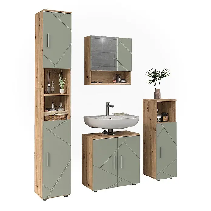 Vicco Badmöbel-Set Irma Salbeigrün 4 Teile - Salbeigrün, Glänzend - Modernes Badmöbelset in Holzoptik mit salbeigrünen Fronten und geometrischen Mustern, inklusive Waschtisch-, Hochschrank- und Spiegelschrank.