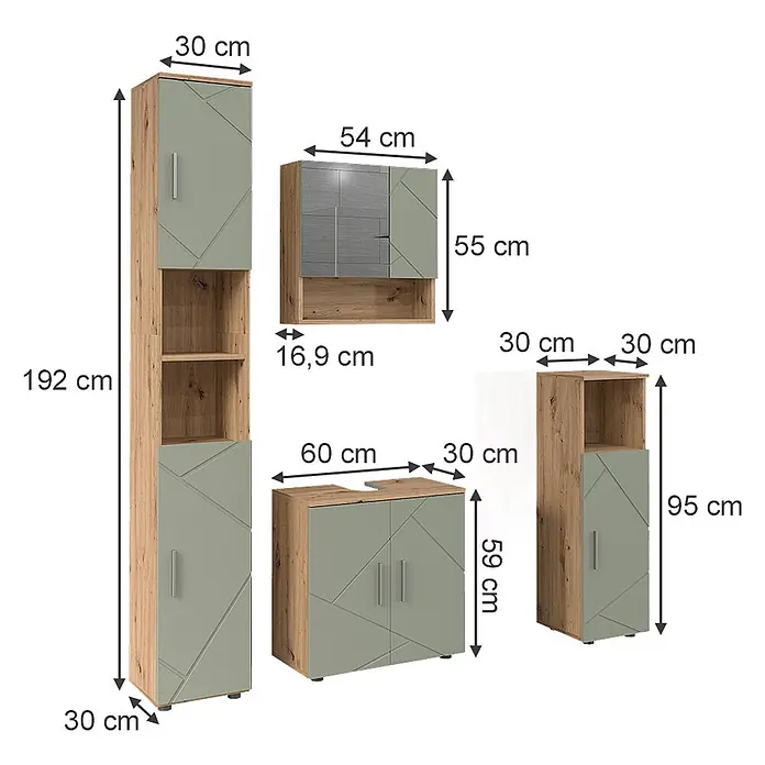 Vicco Badmöbel-Set Irma Salbeigrün 4 Teile - Salbeigrün, Glänzend - Ein Set aus vier modernen Badmöbeln in Holz und Salbeigrün mit geometrischen Mustern und verschiedenen Aufbewahrungsmöglichkeiten.