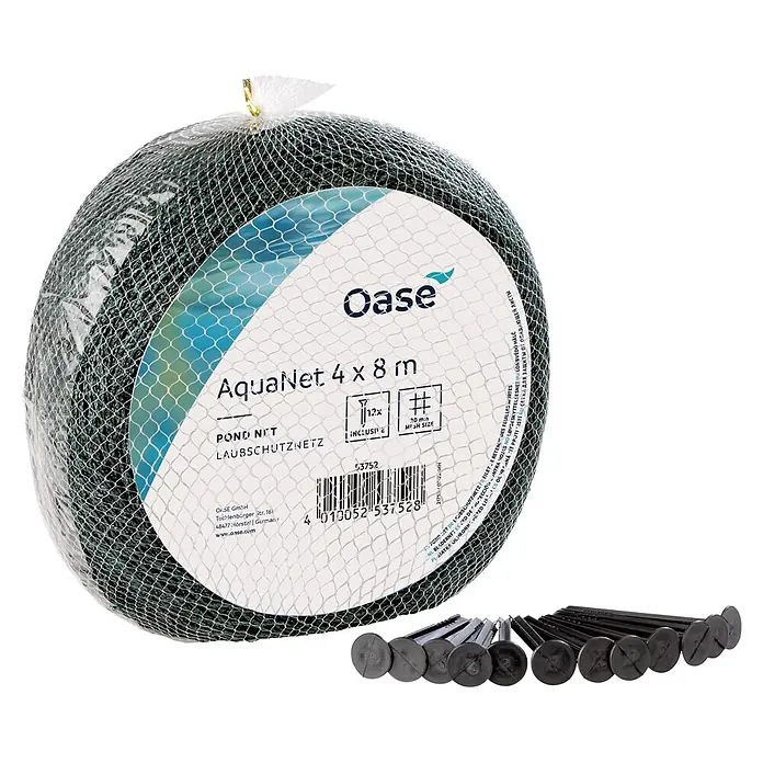 Oase Teichnetz AquaNet 2 - 400 x 800 cm, Anzahl Erdspieße: 12 Stk. - Dunkelgrünes Oase AquaNet Teichnetz (4x8m) mit 12 schwarzen Erdnägeln, in einem Netzbeutel verpackt.