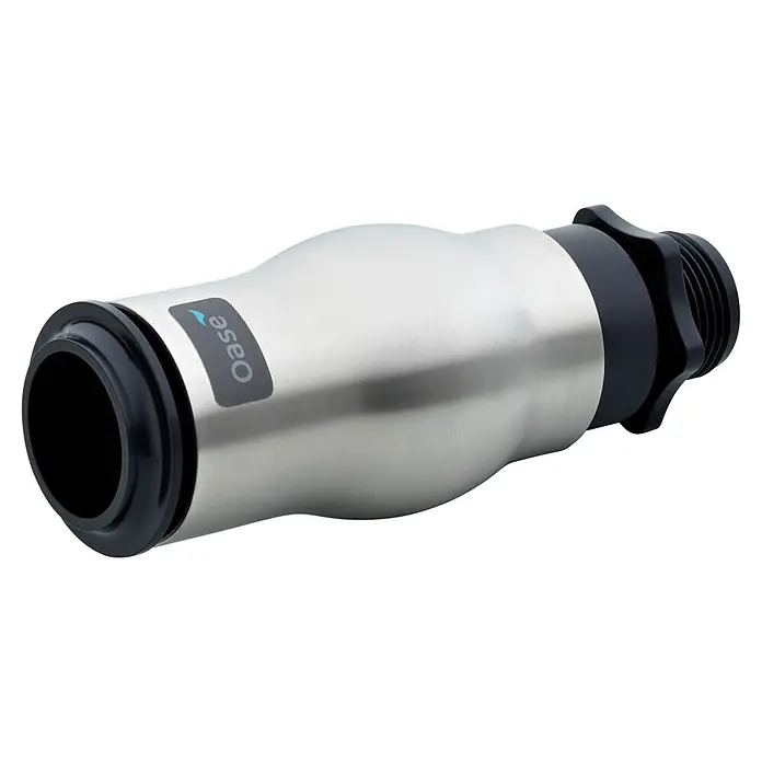 Oase Fontänenaufsatz 35-10E - Kunststoff, Passend für: Diverse Oase Wasserspielpumpen & Schwimmaggregat PondJet Eco - Silberner Edelstahl-Rohrverbinder mit schwarzen Gewinde- und glatten Enden, mit Oase-Logo.