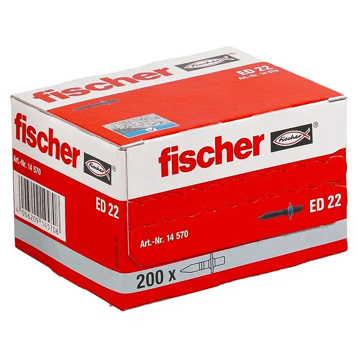 Fischer Fix-Pin Einschlagnagel ED 22 - 22 mm, 200 Stk. - Rot-weiße Fischer ED 22 Schachtel mit 200 Befestigungen.