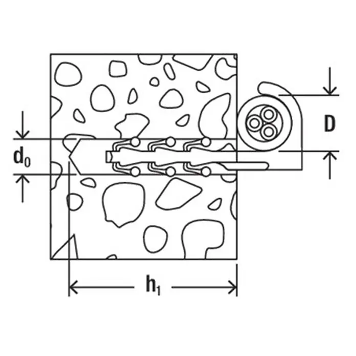 Fischer Universal-Dübel Einzelschelle Steckfix plus SE ES - 12 Millimeter (mm) - Technische Zeichnung eines Spreizdübels mit Schraube in Beton, zeigt den Spreizmechanismus und Abmessungen.