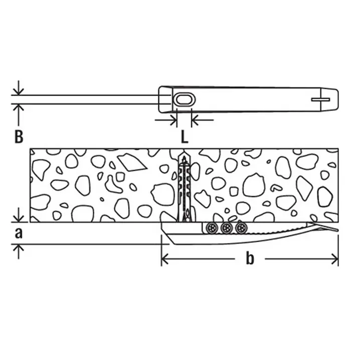 Fischer Kabel Kabelbügel KB 8 - 133 mm - Technisches Diagramm eines Betonfugensystems mit eingebettetem Element, Basisführung und einem oberen Werkzeug.