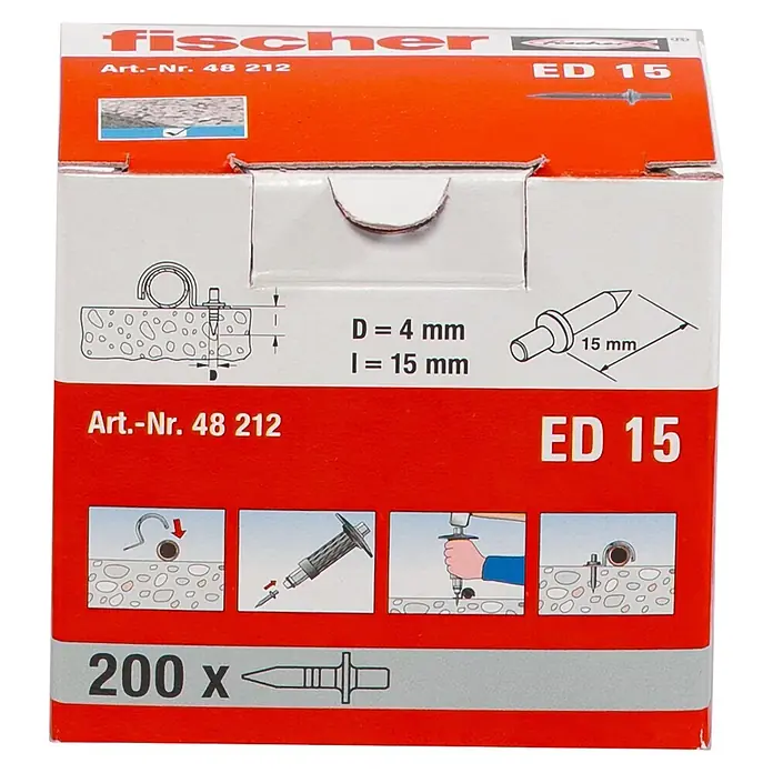 Fischer Fix-Pin Einschlagnagel ED 15 - 15 mm, 200 Stk. - Schachtel mit 200 fischer ED 15 Nageldübeln, 4x15mm, zur Direktbefestigung in Mauerwerk.
