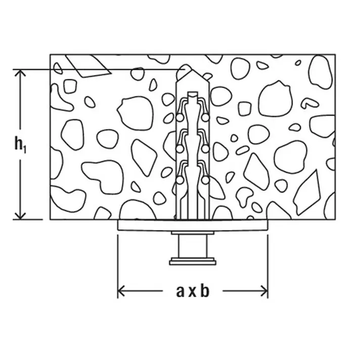 Fischer Universal-Dübel Montagesockel Steckfix plus SF MS - Grau, 50 Stk. - Querschnitt eines metallischen Spreizankers, sicher in einer Betonplatte installiert.