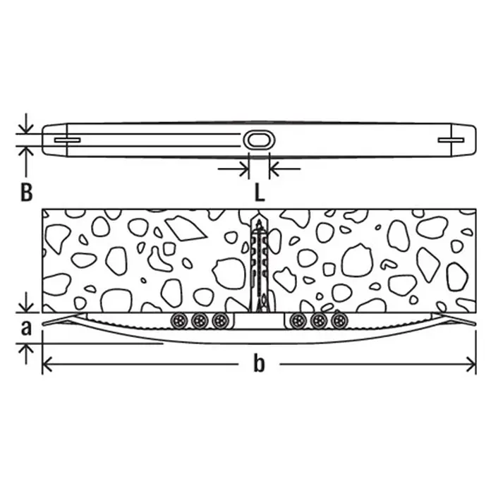 Fischer Kabel Kabelbügel KB 16 - 230 mm - Technische Zeichnung einer Dehnungsfuge für Betonplatten, zeigt gebogene Basis mit Rollen und zentrale Rippe im Beton.
