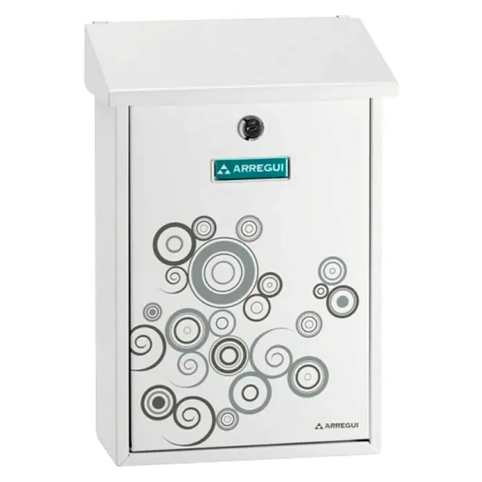 Arregui Premium Buzón de pared E-5606 - L x An x Al: 25 x 10 x 40 cm, Blanco/Negro, Acero - Un buzón blanco Arregui con decorativos patrones de círculos grises para uso exterior, ideal para cartas y periódicos.