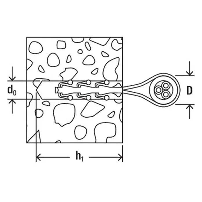 Fischer Nagelschelle Leitungsschlaufe SF plus LS 20/40 - 40 mm - Querschnitt eines Spreizdübels, der in einer porösen Wand installiert wird, zeigt den Expansionsmechanismus und wichtige Abmessungen.
