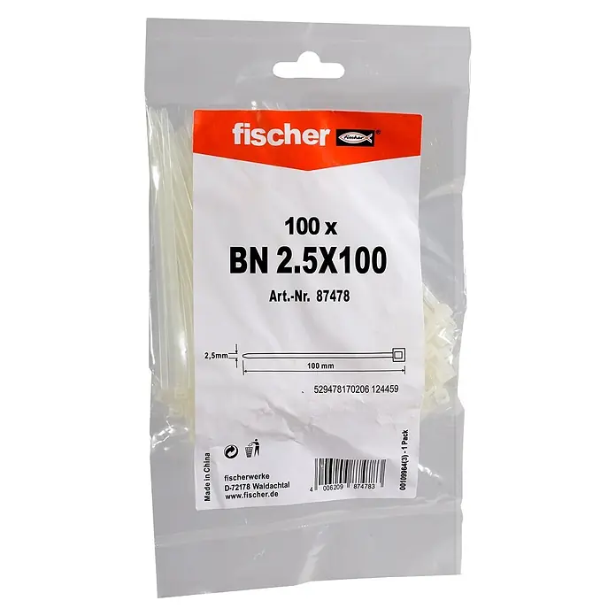 Fischer Kabelbinder BN - Transparent, L x B: 100 x 2,5 mm, 100 Stk. - 100 naturfarbene fischer Kabelbinder, 2,5x100mm, in transparenter Kunststoffverpackung.