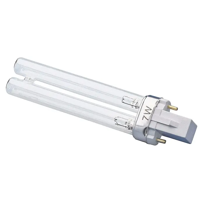 Oase Ersatzlampe Algenstopp UVC - 7 W - Doppelte keimtötende UV-Lampe mit Klarglasröhren, weißem Kunststoffsockel und Messingstiften.