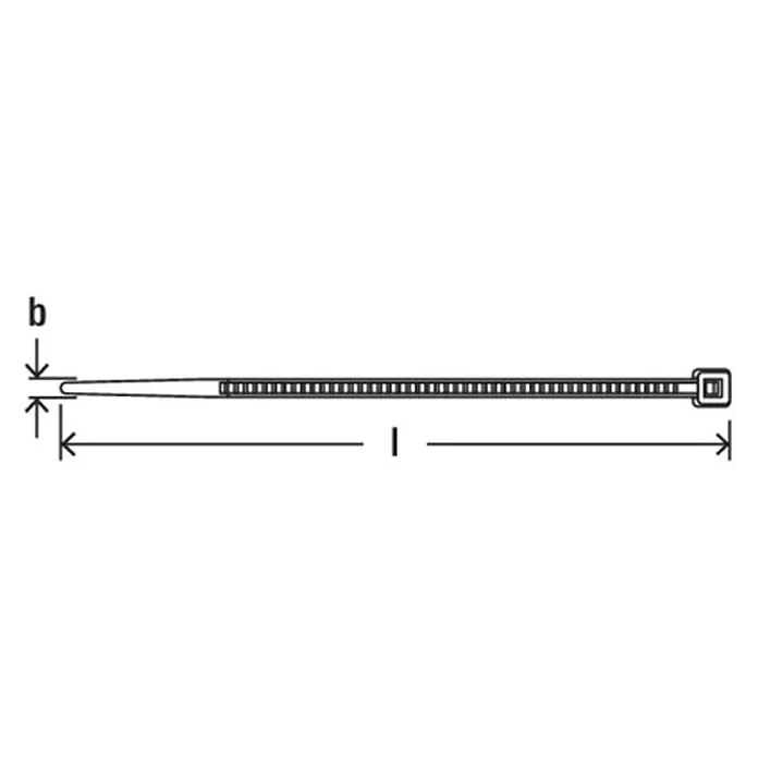 Fischer Kabelbinder UBN - Schwarz, L x B: 370 x 4,8 mm, 100 Stk. - Schwarzer Kabelbinder mit gezahntem Band und Verschlusskopf, Maße Länge 'l' und Breite 'b' angezeigt.