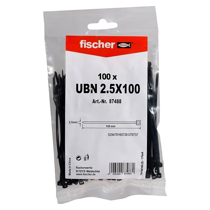 Fischer Kabelbinder UBN - Schwarz, L x B: 100 x 2,5 mm, 100 Stk. - Schwarze Kabelbinder, 100 Stück, 2,5x100mm, in transparenter Verpackung mit Produktetikett.