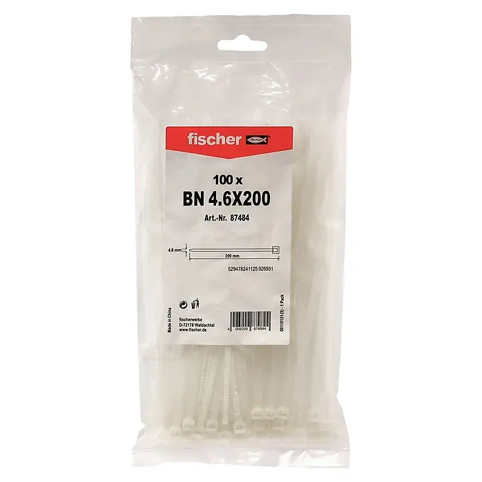 Fischer Kabelbinder BN - Transparent, L x B: 200 x 4,6 mm, 100 Stk. - Transparenter Beutel mit 100 weißen Fischer Kabelbindern, 4.6x200mm.