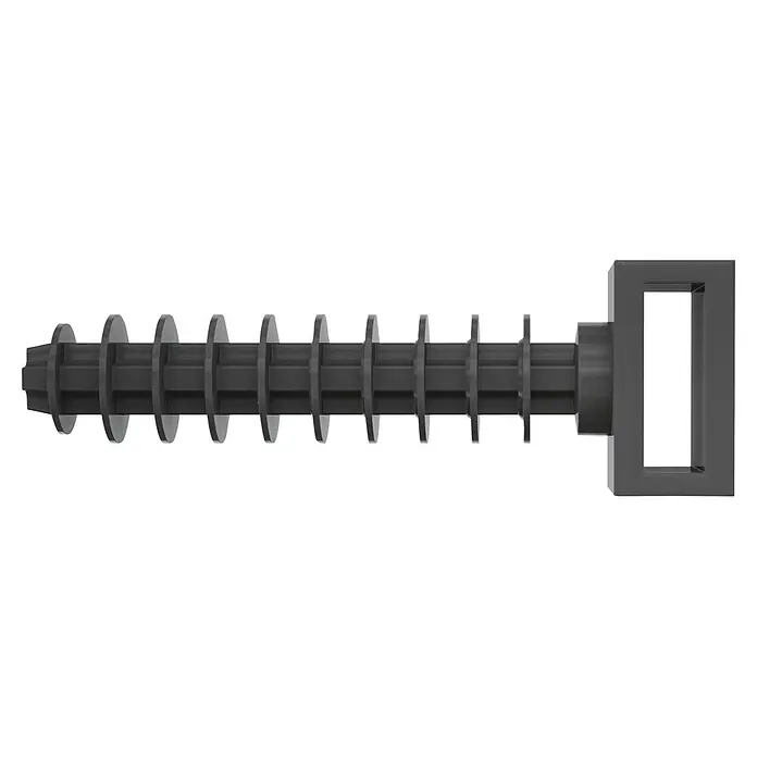 Fischer Dübel Kabelbinderdübel FCTP - Schwarz, 100 Stk. - Dunkelgraue Schraube mit flachen, scheibenartigen Gewinden und rechteckigem Schlaufenkopf.