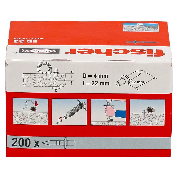 Fischer Fix-Pin Einschlagnagel ED 22 - 22 mm, 200 Stk. - Rote und weiße Packung mit 200 Fischer ED 22 Nageldübeln, 4x22mm, mit Installationsanleitung.