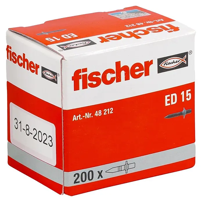 Fischer Fix-Pin Einschlagnagel ED 15 - 15 mm, 200 Stk. - Rot-weiße fischer Box (Art.-Nr. 48 212) mit 200 ED 15 Befestigern, datiert 31-8-2023.