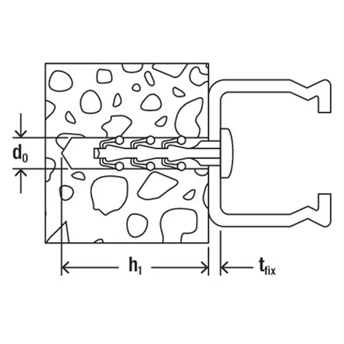 Fischer Universal-Dübel Steckfix plus SD 30 - 4 mm - Diagramm: Spreizdübel befestigt eine Halterung in porösem Material, zeigt Bohrlochtiefe (h1), Durchmesser (d0) und Befestigungsdicke (tfix).