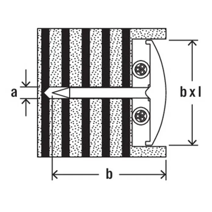 Fischer Nagelschelle Nagelscheibe NSB 2/40 - 2 x 40 mm, 200 Stk. - Querschnitt eines Nageldübels, der einen Kabelkanal mit Leitungen in Schichtmaterial befestigt. Maße a, b und bxl sind angegeben.