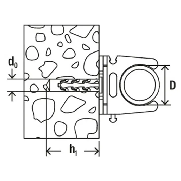 Fischer Klemmschelle Rohrclip Steckfix plus SF RC IEC 20 - 20 mm, 100 Stk. - Dübel in Betonwand mit Rohrclip, zeigt Bohrlochdurchmesser und Verankerungstiefe.