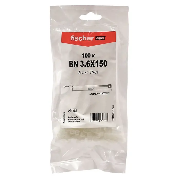Fischer Kabelbinder BN - Transparent, L x B: 150 x 3,6 mm, 100 Stk. - 100 weiße fischer Kunststoff-Kabelbinder, 3,6x150 mm, in einer Klarsichttüte.