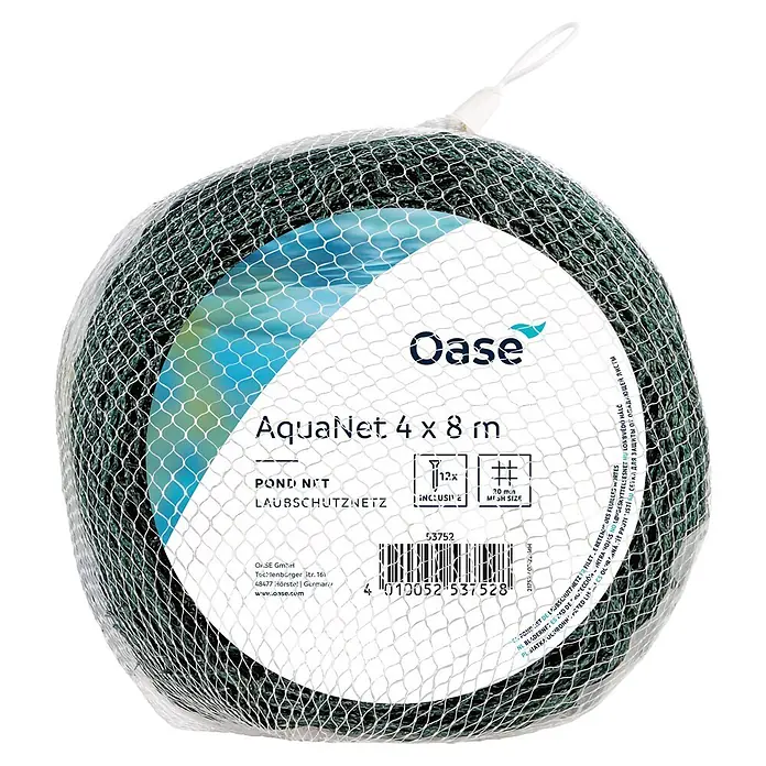 Oase Teichnetz AquaNet 2 - 400 x 800 cm, Anzahl Erdspieße: 12 Stk. - Verpacktes dunkelgrünes Oase AquaNet 4x8m Laubschutznetz.