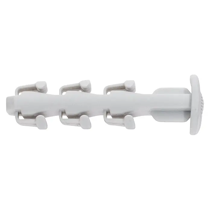 Fischer Universal-Dübel Steckfix plus SD 30 - 4 mm - Weißer Kunststoffdübel mit mehreren Haken, verlängerte Ansicht.