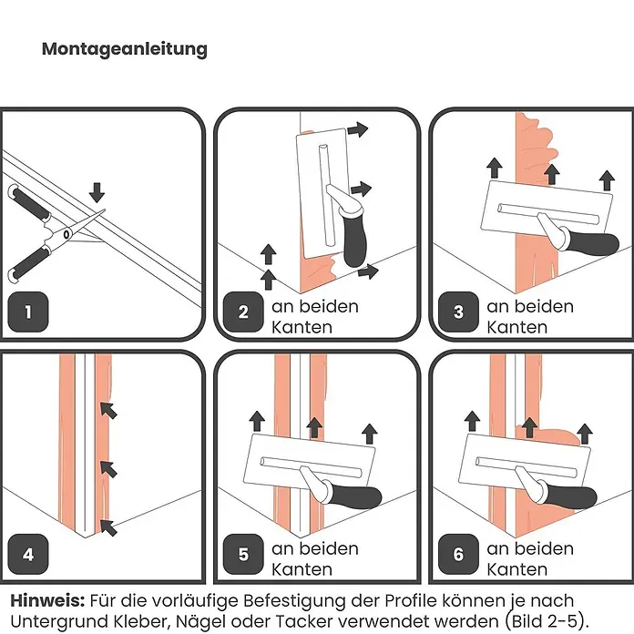 ProfileXXL Kantenschutz für Trockenbau 2,5m Eckschutzprofil 23 x 23mm Kantenschutz Trockenbau PVC Weiß - Weiß - Illustrierte Montageanleitung für Profile: Zuschneiden, Kleber oder Füllmasse auftragen und andrücken.