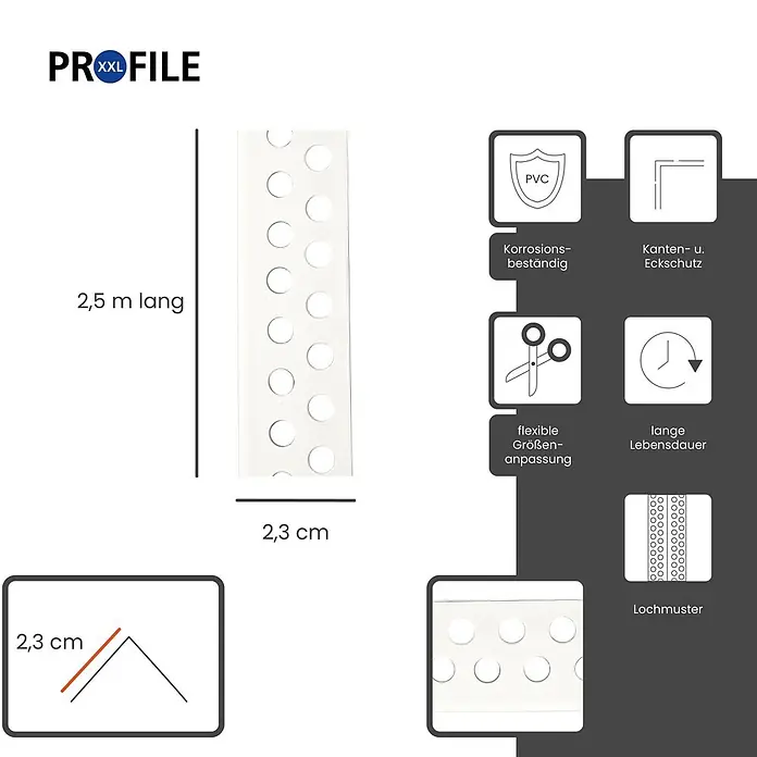 ProfileXXL Kantenschutz für Trockenbau 2,5m Eckschutzprofil 23 x 23mm Kantenschutz Trockenbau PVC Weiß - Weiß - Weißes, perforiertes PVC-Profilband (2,5 m lang, 2,3 cm breit) für flexiblen, korrosionsbeständigen Kanten- und Eckschutz.