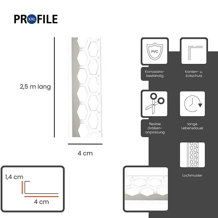 ProfileXXL Kantenschutz für Trockenbau 2,5m Abschlussprofil 40 x 14mm Putzschiene PVC Weiß - Weiß - PVC-Eckschutzprofil mit sechseckiger Lochung, 2,5 m lang, 4 cm breit, 1,4 cm tief.