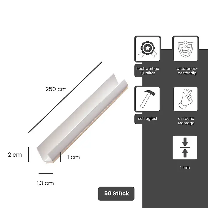 Protektor Kantenschutz für Trockenbau 50x 3735 Einfassprofil 250cm PVC für 12,5mm Gipskarton selbstklebend - Weiß - Weißes U-Profil, 250 cm lang, mit 2 cm und 1 cm hohen Schenkeln, 1,3 cm breitem Boden, 50 Stück.