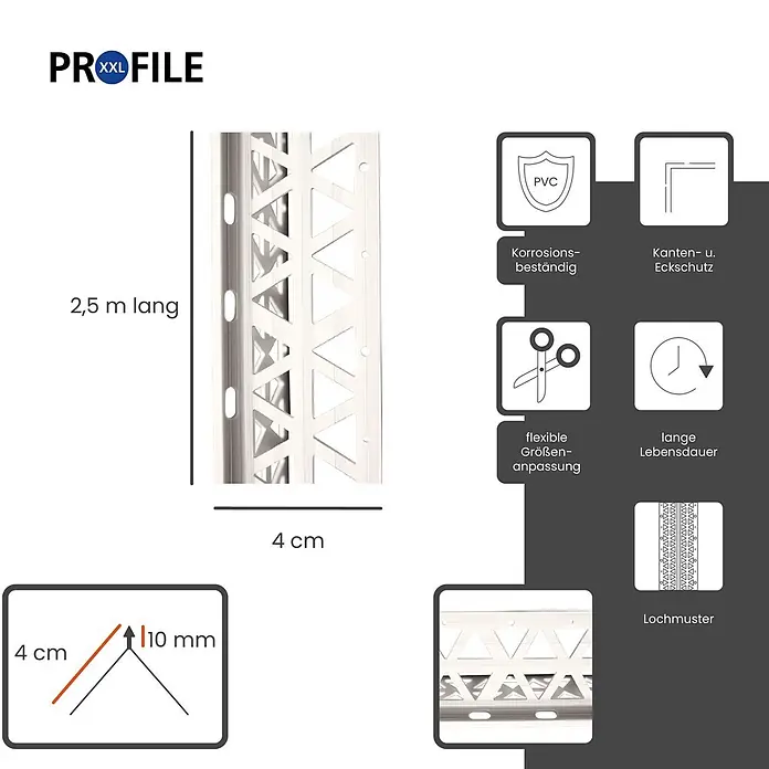 ProfileXXL Kantenschutz für Trockenbau 2,5m Eckschutzprofil 40 x 40 x 10mm Putzschiene PVC Weiß - Weiß - Weißes PVC-Eckprofil für Fliesenkantenschutz, 2,5m lang, 4cm breit, 10mm hoch, mit Lochmuster.