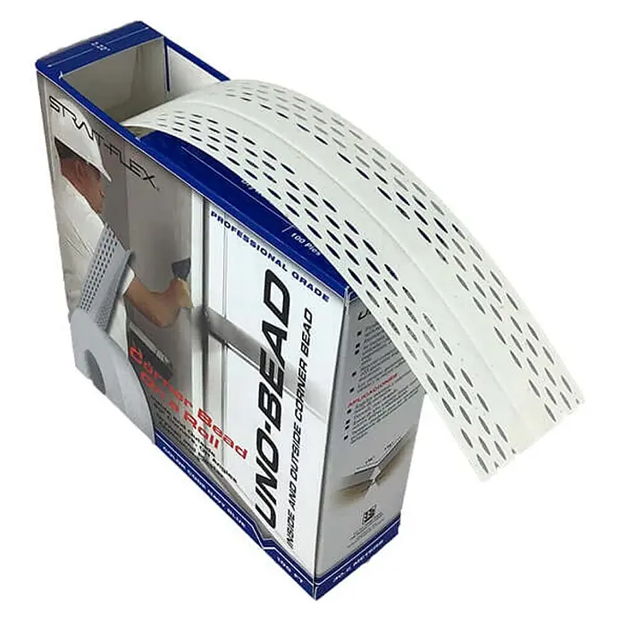 Strait-Flex Kantenschutz für Trockenbau 12x Kantenprofil 30,5m Rolle UNO-BEAD 222 flex. Winkel Weiß -  - Weißes perforiertes Eckprofil auf einer Rolle, in Strat-Flex UNO-BEAD Box für Innen- und Außenecken.