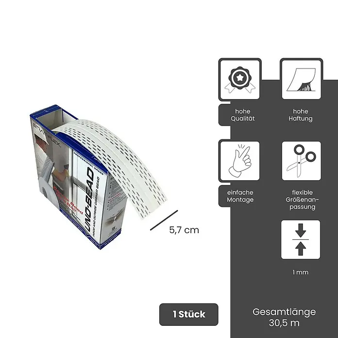 Strait-Flex Kantenschutz für Trockenbau 30,5m Kantenprofil Rolle UNO-BEAD 222 flex. Winkel Weiß -  - Rolle weißes, perforiertes Eckprofil, 5,7 cm breit und 30,5 m lang, für flexible und einfache Montage an Innen- und Außenecken.