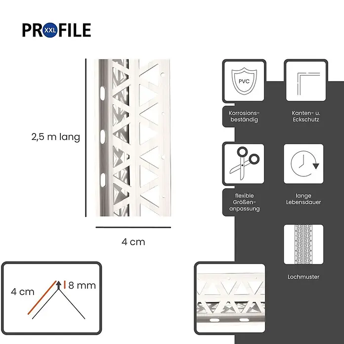 ProfileXXL Kantenschutz für Trockenbau 2,5m Eckschutzprofil 40 x 40 x 8mm Putzschiene PVC Weiß - Weiß - Weißes PVC-Fliesenprofil, 2,5 m lang, 4 cm breit, 8 mm Fliesendicke, mit Dreieckslochung für sicheren Halt und Kantenschutz.