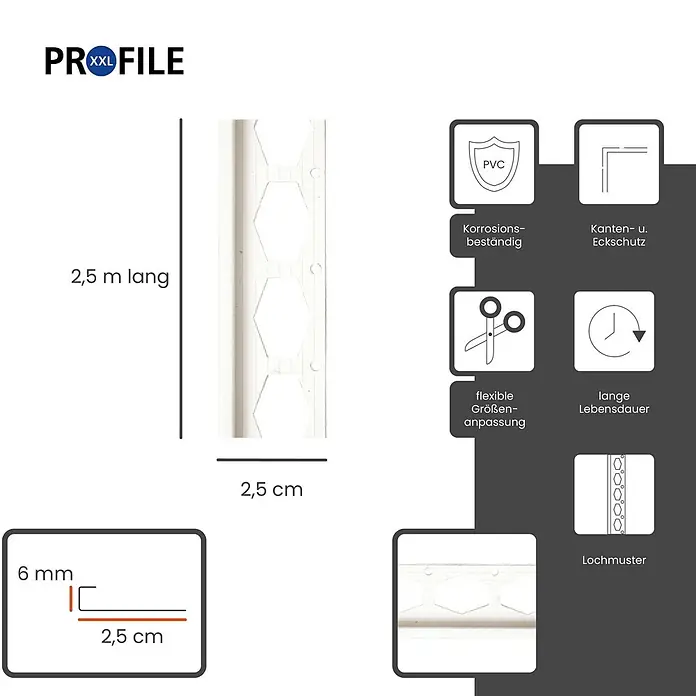 ProfileXXL Kantenschutz für Trockenbau 2,5m Abschlussprofil 25 x 6mm Putzschiene PVC Weiß - Weiß - Weißes PVC-Profil mit sechseckigen Löchern, 2,5 m lang, 2,5 cm breit, für Kanten- und Eckschutz.
