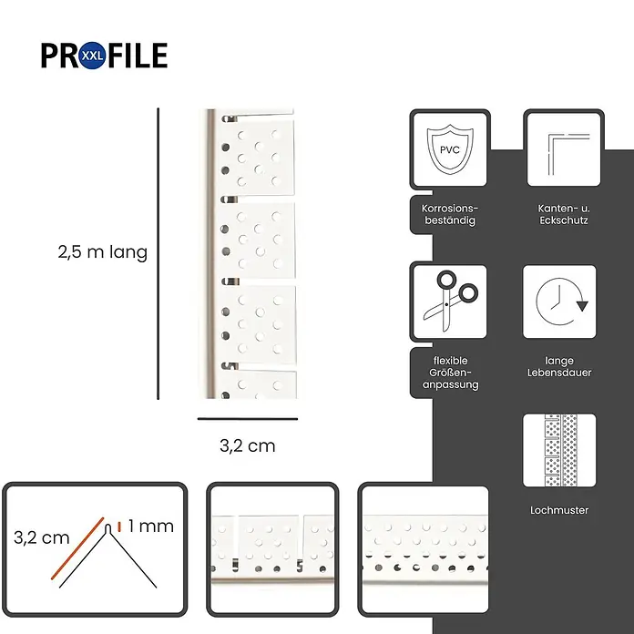 ProfileXXL Kantenschutz für Trockenbau 2,5m PVC Eckwinkel 32 x 32mm Rund Kantenschutz flexibel Trockenbau Weiß - Weiß - Weißes perforiertes PVC-Profilband, 2,5 m x 3,2 cm x 1 mm, mit Korrosionsschutz, Kantenschutz und Flexibilität.