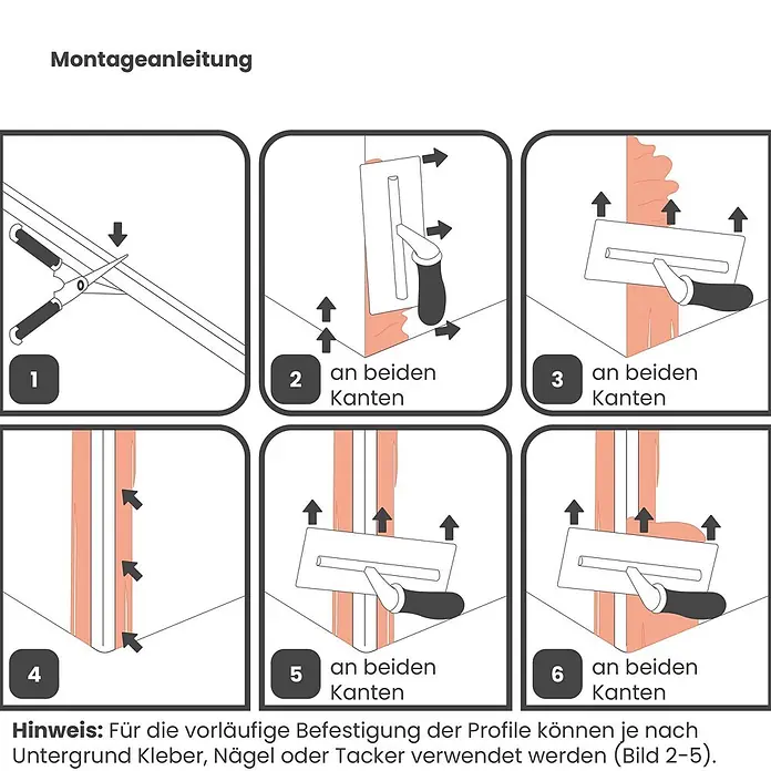 ProfileXXL Kantenschutz für Trockenbau 2,5m PVC Eckwinkel 32 x 32mm Rund Kantenschutz flexibel Trockenbau Weiß - Weiß - Sechs-Schritte-Anleitung zur Profilmontage, mit Materialauftrag und Befestigung.