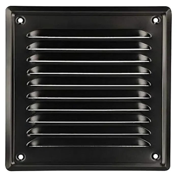 Rejilla de ventilación - 17 x 17 cm, Negro - Rejilla de ventilación cuadrada negra con lamas y cuatro orificios de montaje.