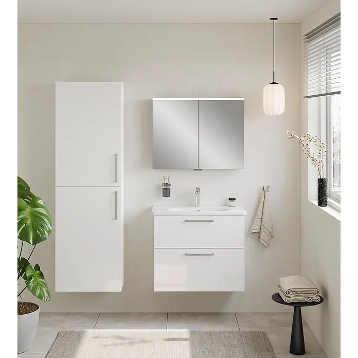 VitrA Badmöbel-Set Root Flat - B x T x H: 80 x 37 x 65 cm, Weiß, Hochglänzend - Modernes weißes Badezimmermöbel-Set: Waschtisch mit Waschbecken, beleuchteter Spiegelschrank und Hochschrank.