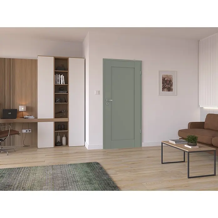 Classen PL Zimmertür Kanion - 985 x 1.985 mm, DIN Anschlag: Rechts, Uni Grün, MDF-Konstruktion - Salbeigrüne Innentür mit modernem Silbergriff, in einem hellen Raum mit Holz- und Weißmöbeln.